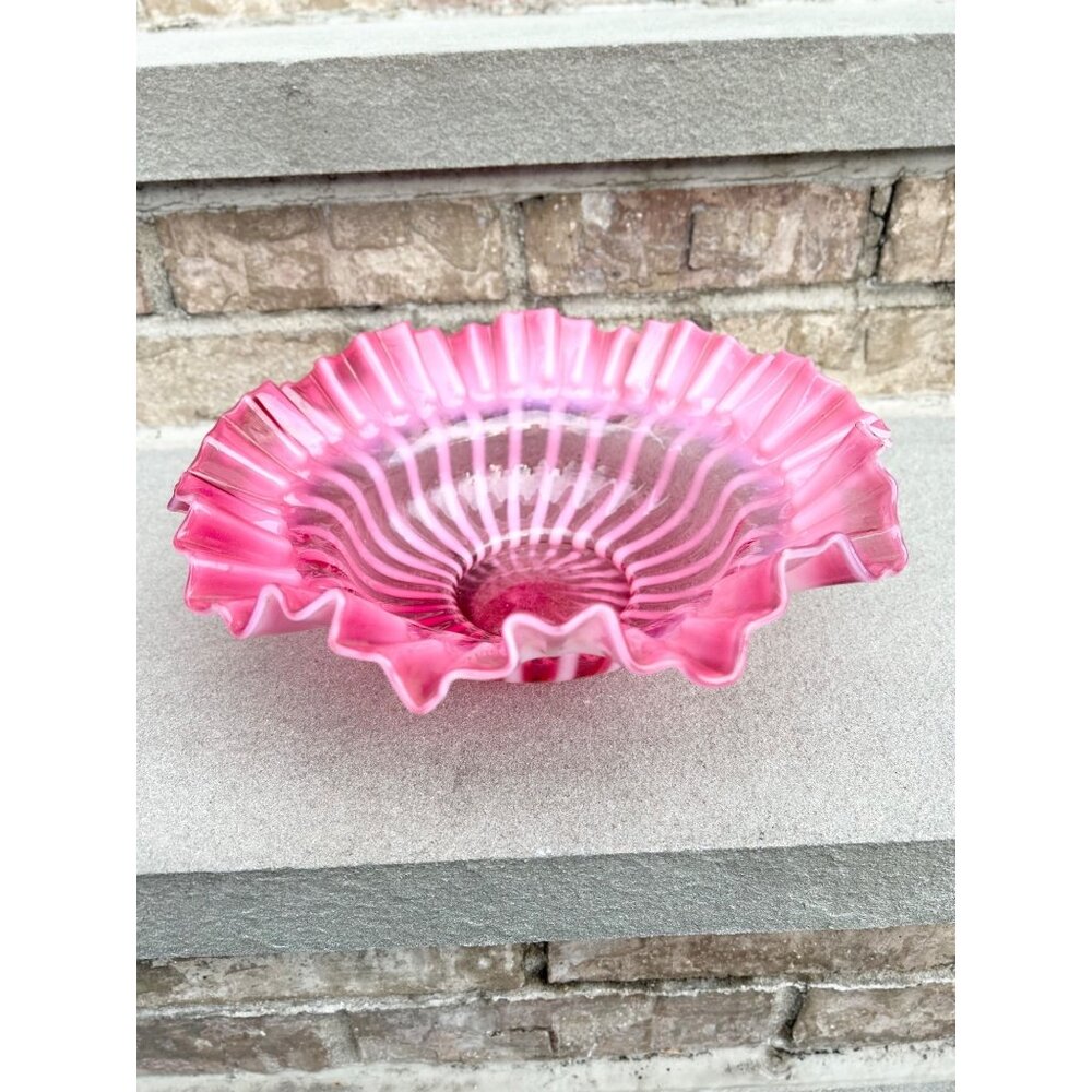 Vintage Fenton Cranberry Opalescent Ruffled Art Glass Bowl.